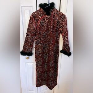 Floral Velvet Cheongsam Qipao Dress with Faux Fur Cuffs